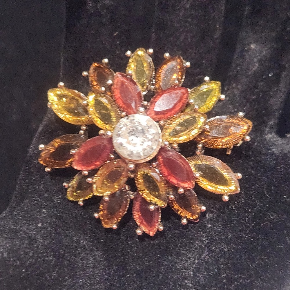Monet Vintage Sunburst Brooch Gold Tone Amber Red Rhinestone Flower Pin